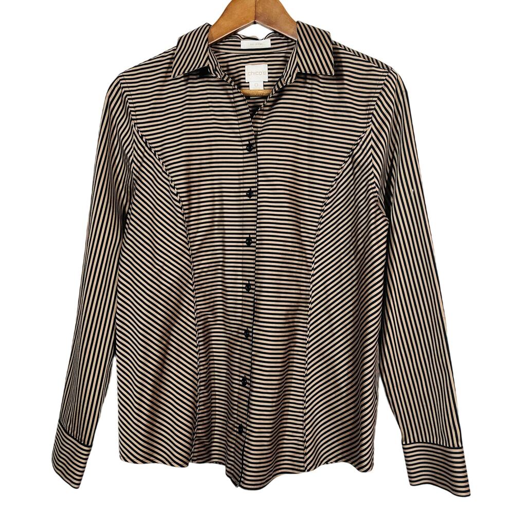 Chico'e Stripe No Iron Blouse Button Up Shirt Long Sleeve Casual Career - 0 / M